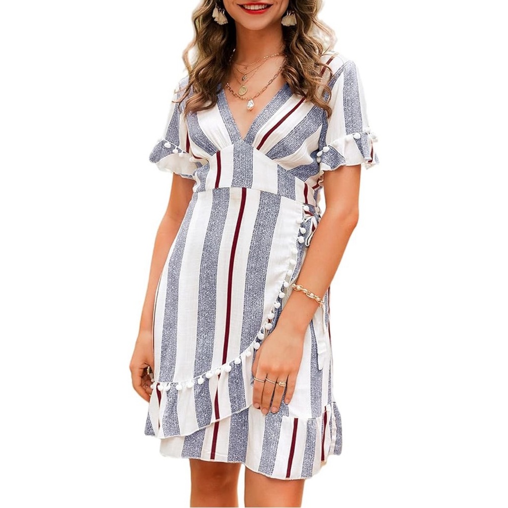 Simplee NWT Deep A Line Mini Print Dress Stripe Gray